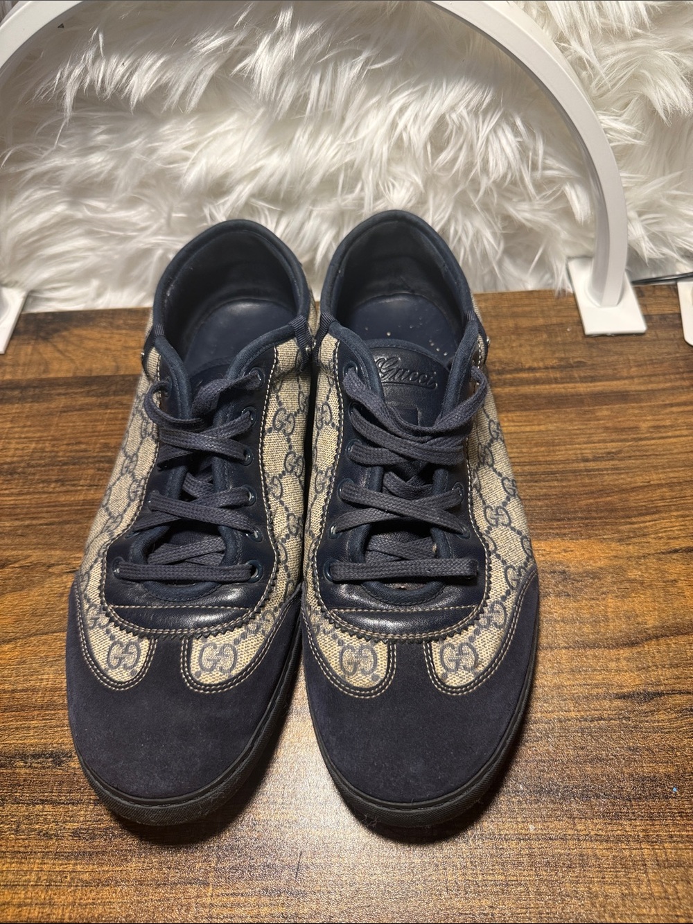 Gucci Navy GG Canvas & Suede Low-Top Sneakers